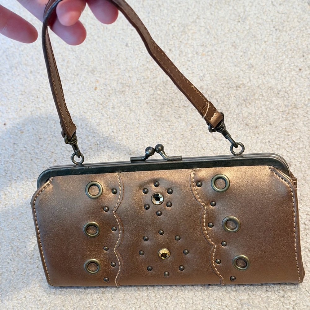 Chic Nine West Metallic Brown Wristlet Clutch With Studded Details